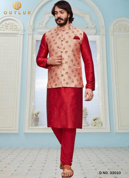 Red And Peach Colour Latest Design Festive Wear Art Silk Digital Printed Kurta Pajama With Jacket Mens Collection 33010